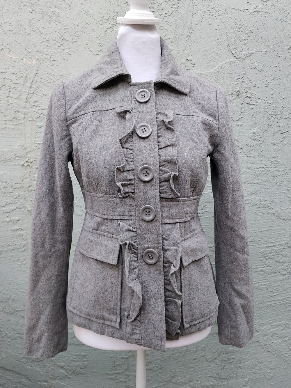 Ann Taylor LOFT Gray Wool Blend Military Ruffle Jacket Coat Blazer XXSP XXS